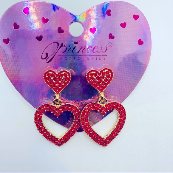 Earrings Hearts Red Rhinestones PIERCED! ADORABLE - Picture 2 of 9